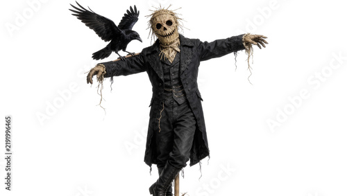 Cuadro en lienzo Scary scarecrow with burlap sack head and black crow perched on shoulder, isolat