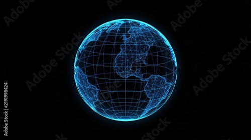 Glowing blue wireframe globe icon isolated on a black background