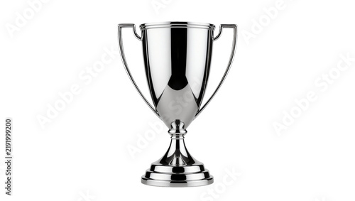 Shiny silver trophy cup with two handles, isolated on transparent background