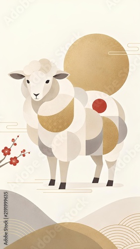 幾何学的な構成と和の要素を組み合わせた羊のモダンイラスト / Modern illustration of a sheep with geometric forms and Japanese elements (Generative AI)