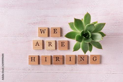 Office desktop with text We are hiring, succulent flower on light wooden background. Concept of hiring and recruitment for banks, insurance companies and finance.