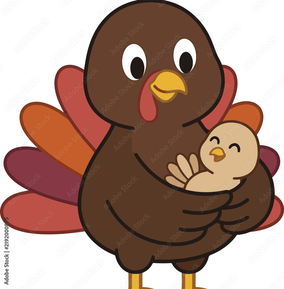 Fototapeta premium Cute mother turkey holding a small baby chick bird in arms with thanksgiving