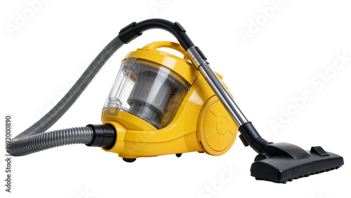 Yellow canister vacuum cleaner with hose and floor nozzle, isolated on transparent background