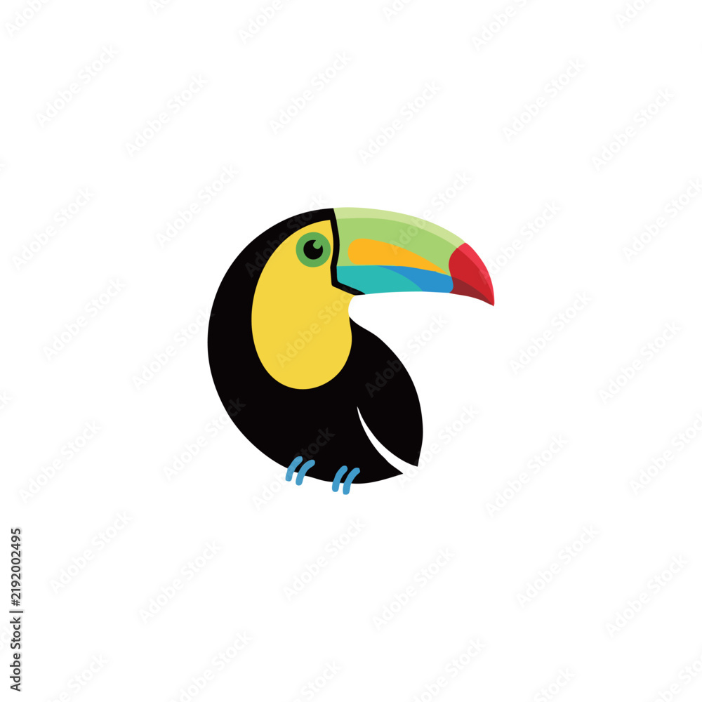 Fototapeta premium Colorful cartoon toucan bird with vibrant beak and feathers facing right on clean white background