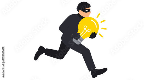 Masked thief dressed in black clothing sprinting away while clutching a glowing yellow lightbulb in both hands, intellectual property theft concept flat vector illustration on white backdrop