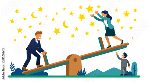 Vector illustration of three diverse businesspeople balancing on wooden seesaw in order to reach glowing yellow stars in deep blue evening sky representing ambitious team cooperation
