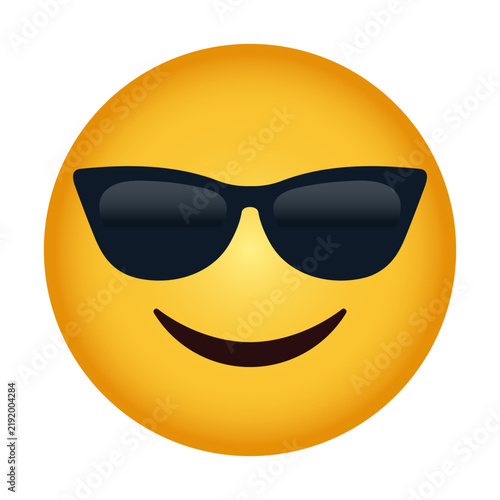 Cool smiling emoji with dark sunglasses and a broad confident grin, conveying a laid-back, smooth, relaxed attitude, summer vibes, and effortless style.