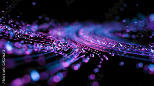 Neon purple and blue water droplets spiraling on a dark background. Abstract fluid motion design for technology or science digital concepts.