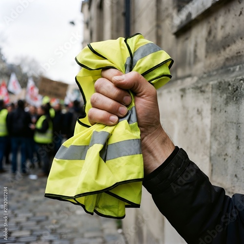 Main d'un manifestant serrant un gilet jaune lors d'une contestation sociale en France