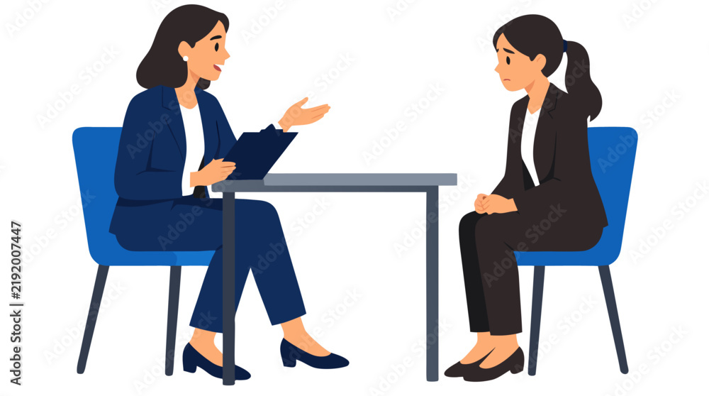Fototapeta premium Businesswoman HR manager conducting job interview with nervous female candidate sitting across table, flat vector illustration with bold colors - professional high detailed commercial stock imagery