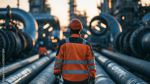Engineer in orange safety jacket and hard hat walking along industrial pipeline during sunset. Ideal for oil and gas industry concepts.