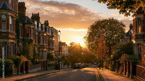 Victorian terraced houses on a street at sunset with warm golden light. Residential area concept for travel and real estate.