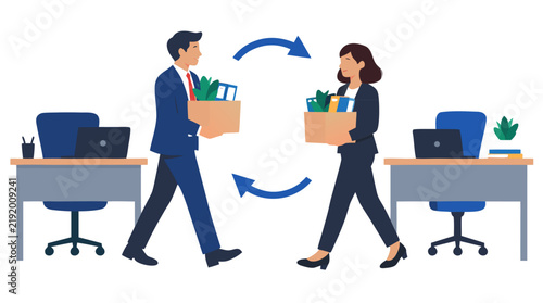 Flat vector illustration of male and female business colleagues exchanging office desks carrying boxes with blue circular arrows symbolizing job rotation, staff swap and workplace transition