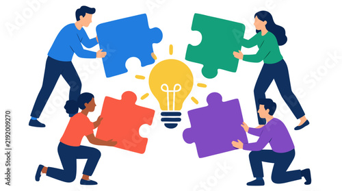 Four diverse coworkers collaborating to connect large colorful jigsaw puzzle pieces around a glowing lightbulb representing teamwork innovation and creative problem solving flat vector