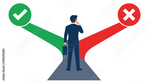 Businessman Standing at Crossroads Choosing Between Success Green Checkmark and Failure Red X Paths Decision Making Concept - professional high resolution commercial detailed commercial stock