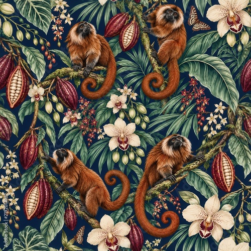 Seamless Jungle Pattern with Monkeys and Flowers