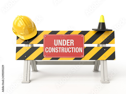 3D Under Construction Wooden Barrier Sign with Hard Hat and Traffic Cone Isolated on White Background