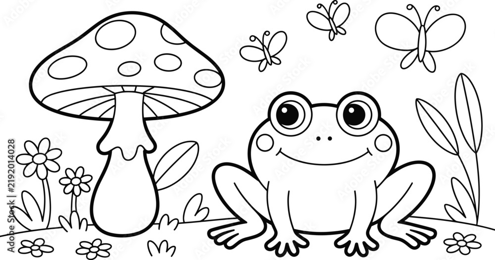 Fototapeta premium Cute, frog, sitting, near, mushroom, with, butterflies, and, flowers, line, art, illustration, for, kids, coloring, page, vector, isolated, background.