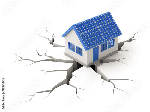 House with Solar Panels on Cracked Ground Earthquake Vector Illustration