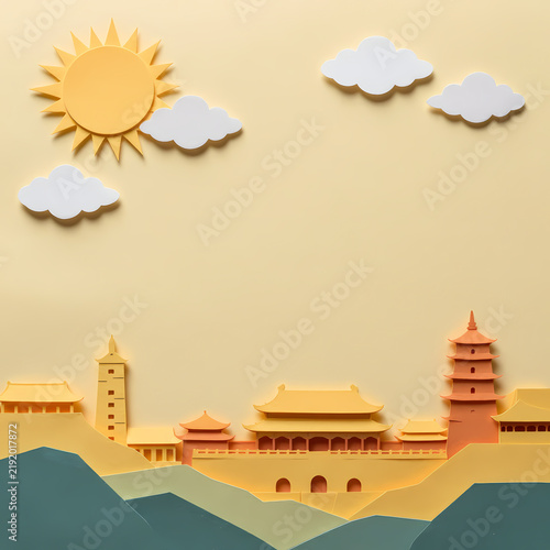 Colorful paper cutout design shows buildings and mountains with a sun and clouds set against a plain background. It celebrates China Day with art Generative AI