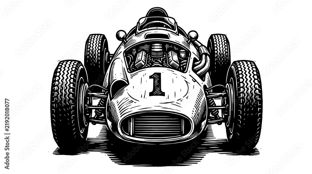 Obraz premium Vintage racing car with number one sign in a detailed black and white ink sketch drawing illustration for sport design