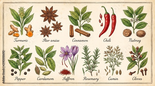 Vintage botanical spice chart featuring cinnamon, turmeric, chili, cardamom, star anise, clove, rosemary and herbs, hand-drawn watercolor illustrations on aged paper.