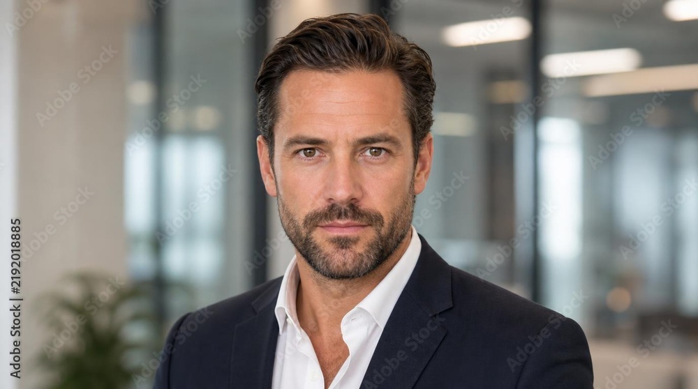 Fototapeta premium Head-and-shoulders portrait of a serious adult businessman in a dark suit and open-collar white shirt, standing in a modern office