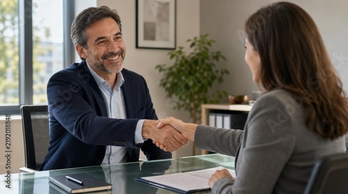 Smiling middle-aged businessman in navy blazer shaking hands with female HR manager across glass desk in modern office, professional job interview or successful business deal agreement concept