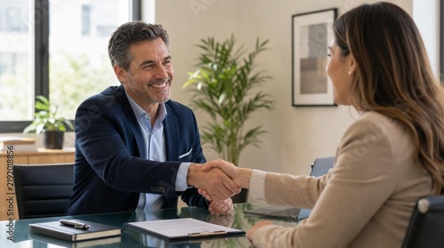 Smiling middle-aged businessman in navy blazer shaking hands with HR manager across glass desk in modern corporate office during job interview, professional partnership, agreement, deal, successful