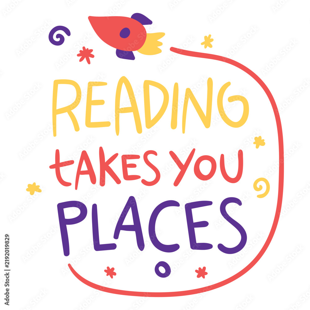 Obraz premium Flying rocket reading doodle badge