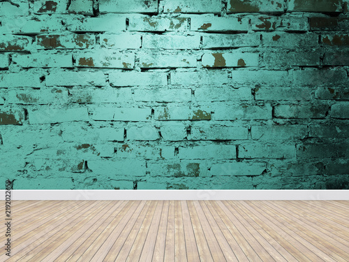 Empty room vintage blue brick wall with floor.