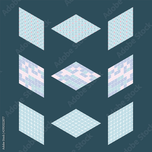 Cool tone grid line pattern isometric floor set. Vector illustration.