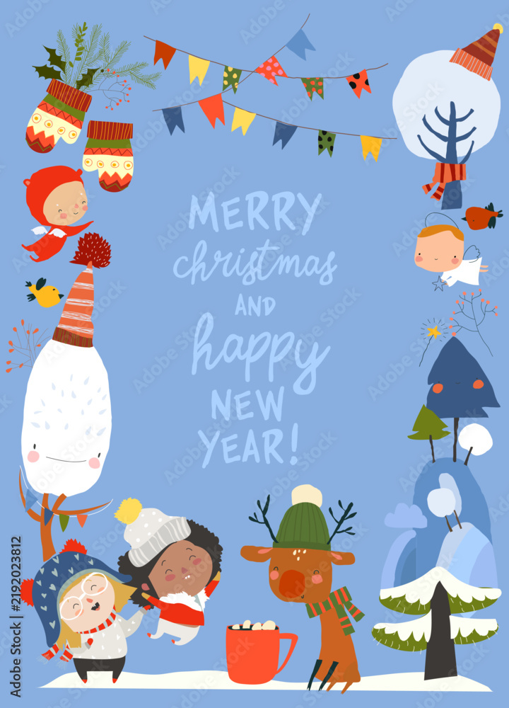 Fototapeta premium Cute Cartoon Frame With Kids, Animals and Christmas Elements