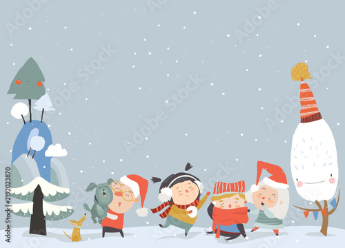 Cute Cartoon Kids meeting Snowy Winter