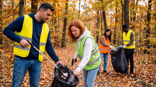 Volunteers clean up a forest area during autumn with trees in fall colors