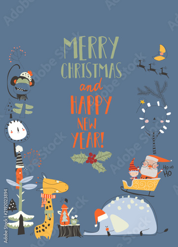 Cute Cartoon Frame With Wild Animals and Santa Claus