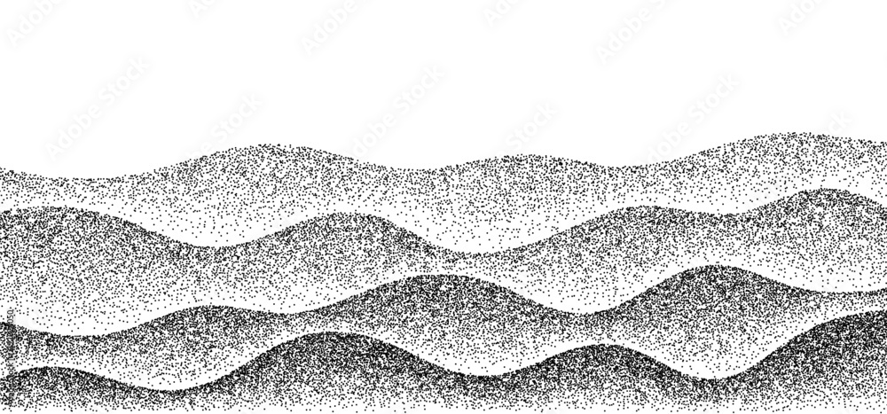 Obraz premium Noise texture with grain wave pattern creates abstract sandy hill. Dotted ocean ripple form organic shape with gradient fade effects and natural grain flow.