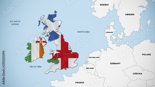 Illustration of a map of the British Isles with England, Ireland, Northern Ireland, Wales, and Scotland each highlighted in the colors of their respective flags