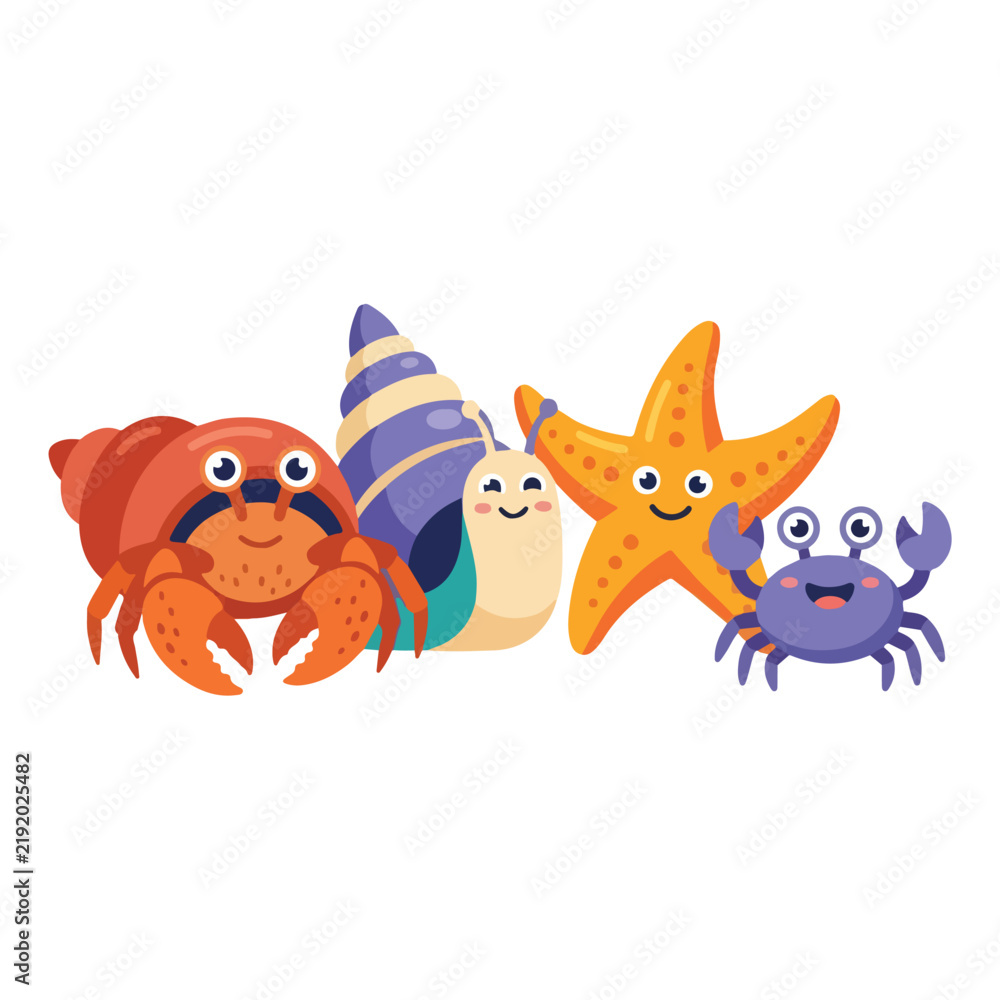 Fototapeta premium Cute cartoon sea creatures smiling together including hermit crab starfish snail and little crab