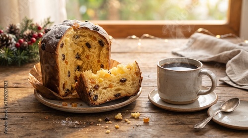Freshly sliced panettone served with black coffee at a sunlit breakfast table, creating a warm and inviting Christmas morning scene.