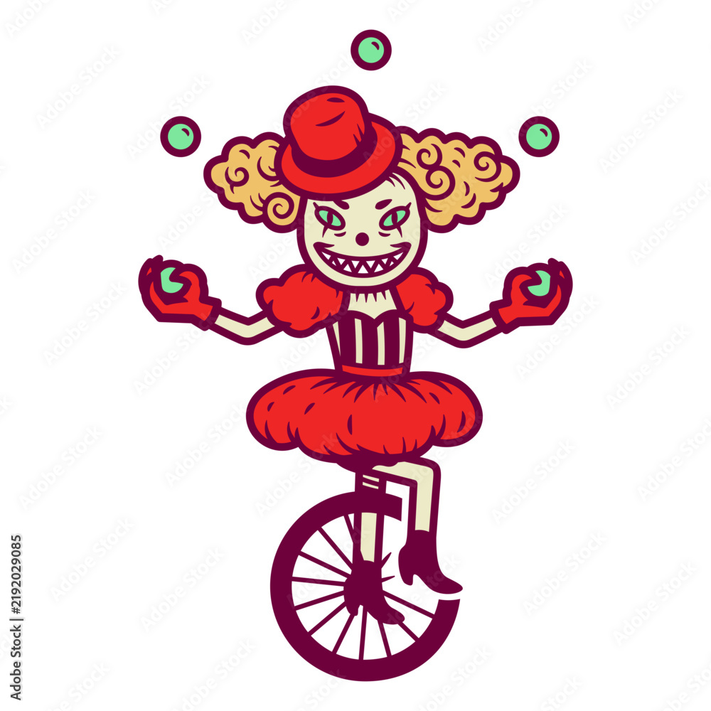 Fototapeta premium Monster clown juggling on monocycle