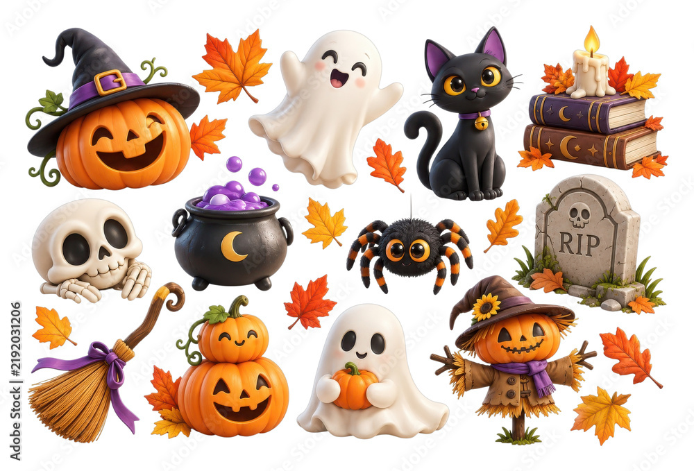 Fototapeta premium PNG Cute Halloween characters, pumpkins, ghosts, cats, skulls and autumn leaves