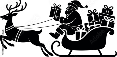 Santa Claus riding a sleigh pulled by a flying reindeer delivering gifts for Christmas celebrations