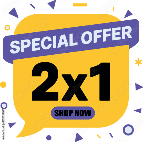 Modern special offer 2x1 promotion speech bubble with vibrant yellow and purple elements for shopping discounts