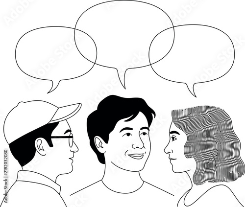 Three diverse individuals engaging in conversation with blank speech bubbles above their heads indicating dialogue
