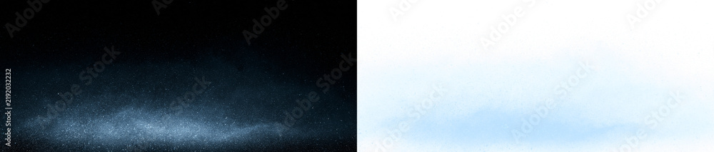 Obraz premium Glowing blue mist and dust particles along the bottom edge. Atmospheric fog light effect overlay on transparent and black backgrounds.