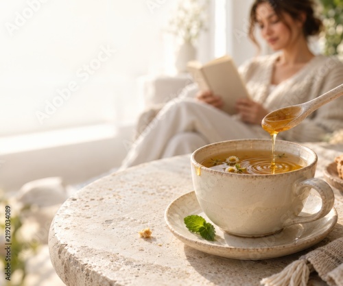 Honey drips from a spoon into herbal tea while a woman reads at home, cozy wellbeing with copy space