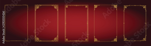 Elegant gold vintage border frame set on dark red gradient background for luxury invite.