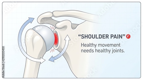 Shoulder pain medical anatomy illustration showing shoulder joint ball and socket with inflammation and rotational movement arrows