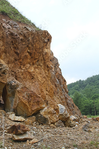 Steep Rocky Hillside Blasting Rural Road Landslide